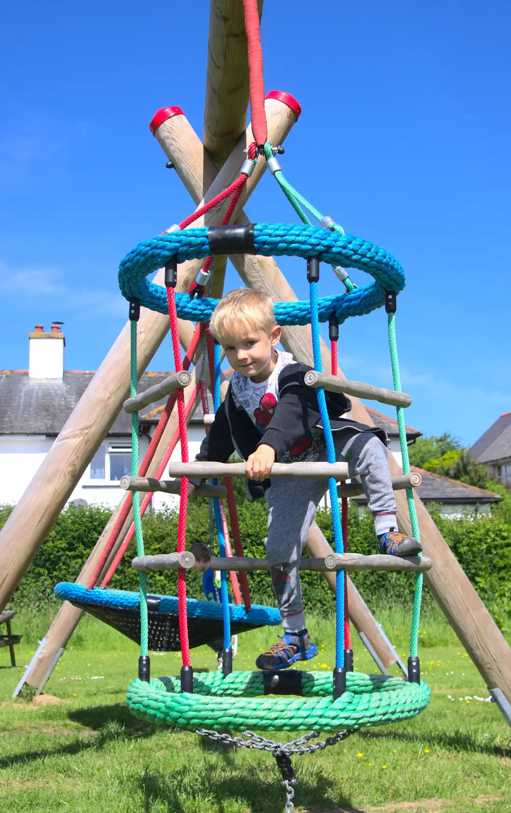 Harry's in some sort of Bosun's chair, from Spreyton to Stonehenge, Salisbury Plain, Wiltshire - 31st May 2016