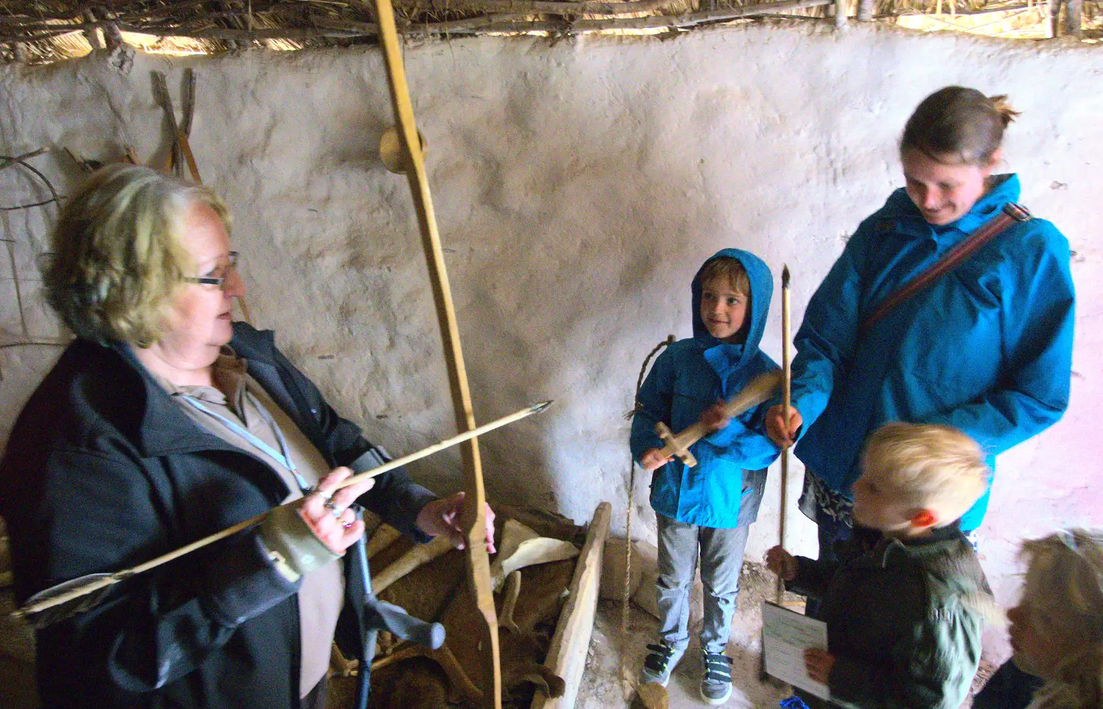 A neolithic bow and arrow is demonstrated, from Spreyton to Stonehenge, Salisbury Plain, Wiltshire - 31st May 2016