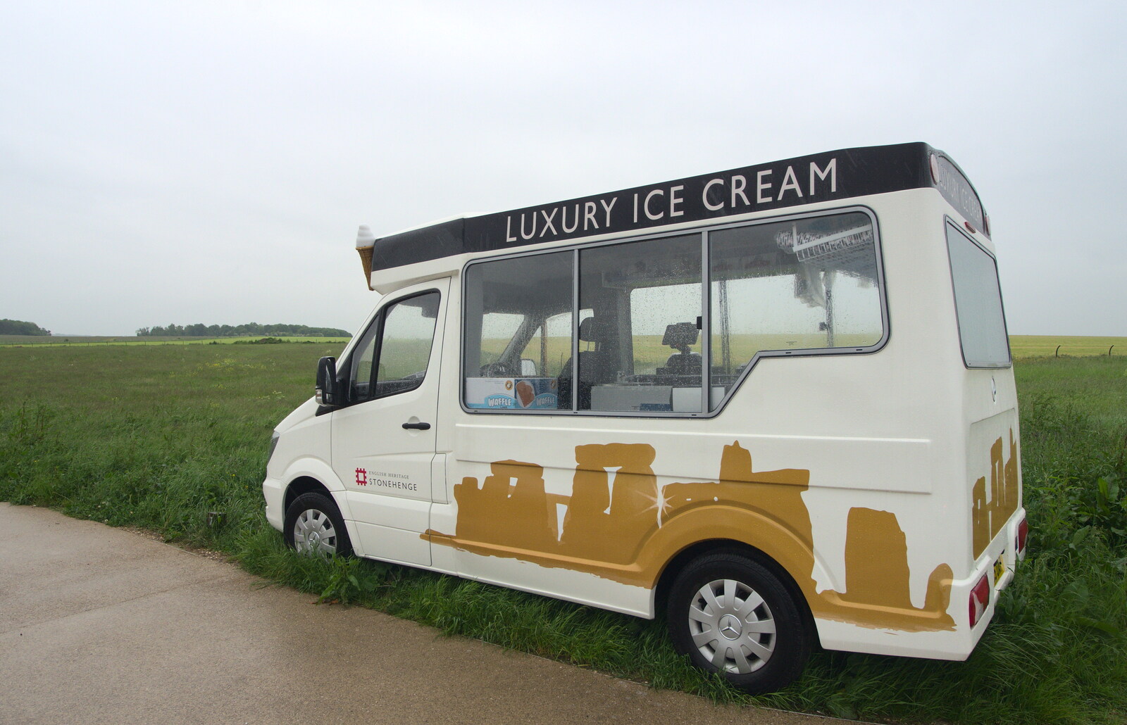 An empty ice-cream van does no trade in the rain from Spreyton to Stonehenge, Salisbury Plain, Wiltshire - 31st May 2016