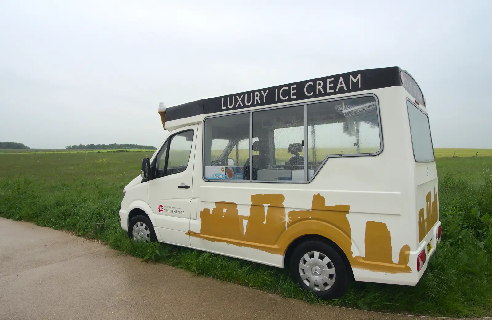 An empty ice-cream van does no trade in the rain, from Spreyton to Stonehenge, Salisbury Plain, Wiltshire - 31st May 2016