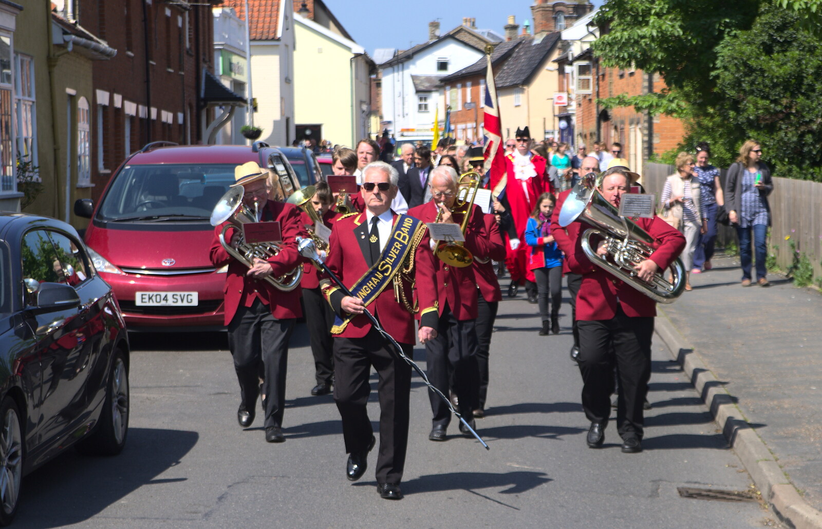 The GSB leads the way up Church Street from A Trip to the Office and the Mayor-Making Parade, Eye, Suffolk - 4th June 2016
