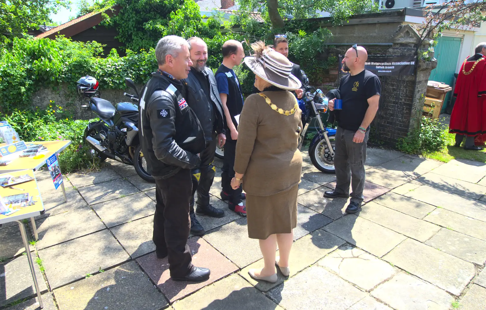 The Christian bikers chat to someone, from A Trip to the Office and the Mayor-Making Parade, Eye, Suffolk - 4th June 2016