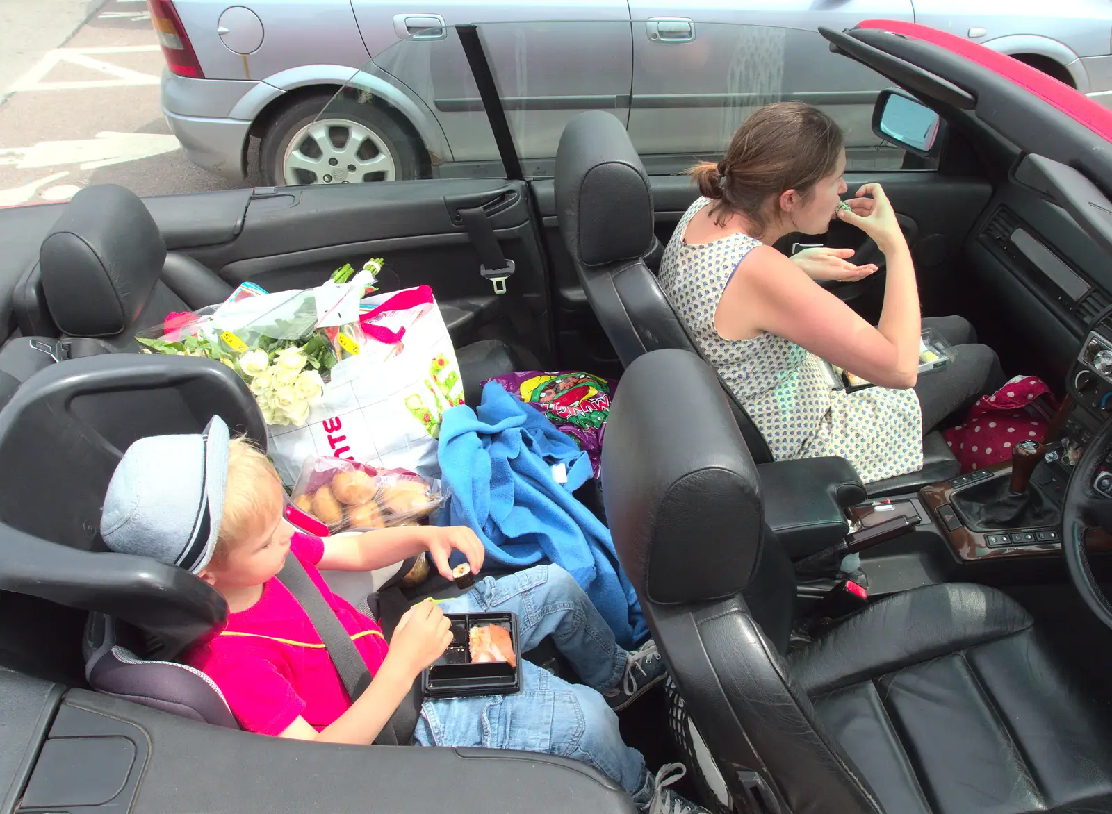 Harry and Isobel eat sushi in the car park, from The BBs at Fersfield, Norfolk - 11th June 2016