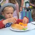 Harry eyes his 'cheese food slice' suspiciously, The Queen's Village Hall Birthday, Brome, Suffolk - 12th June 2016