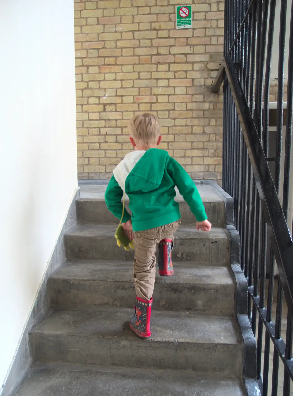 Harry stomps up the staircase, from Caoimhe the Shoe's Desk, Highbury, London - 18th June 2016