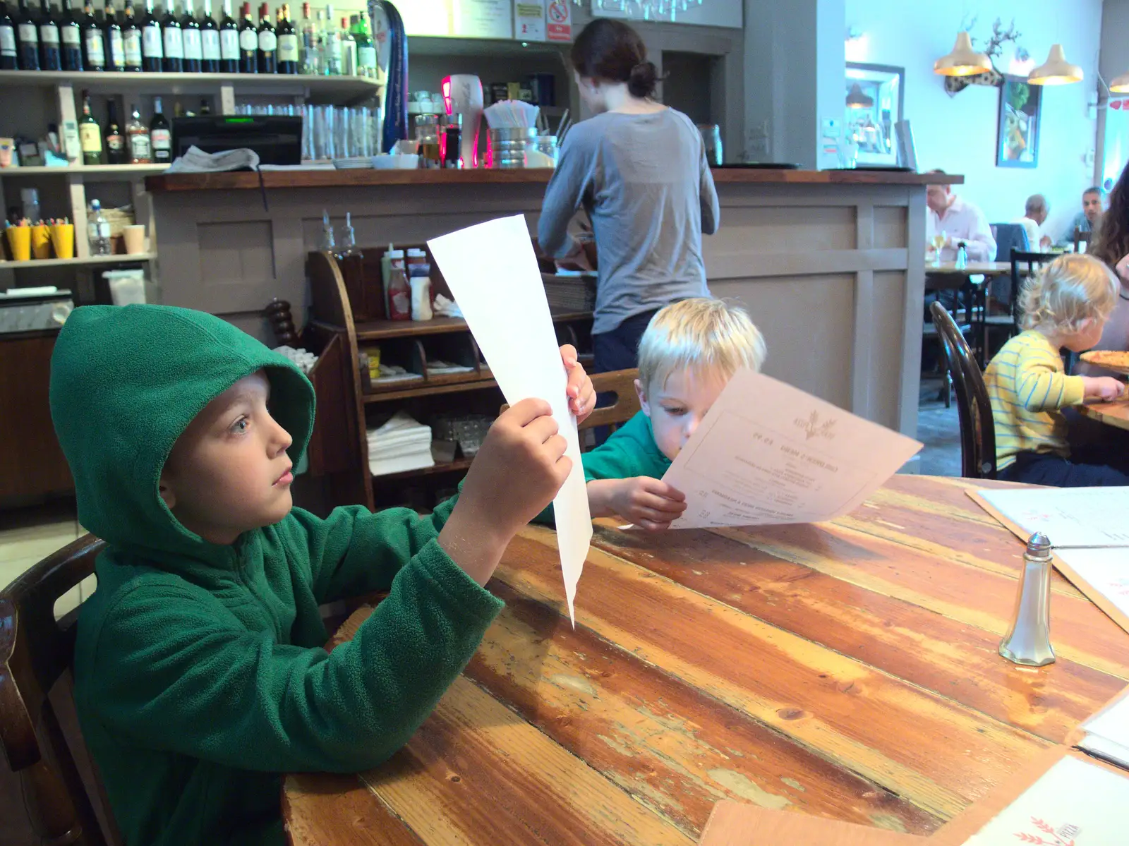 Fred scopes out the menu, from Caoimhe the Shoe's Desk, Highbury, London - 18th June 2016