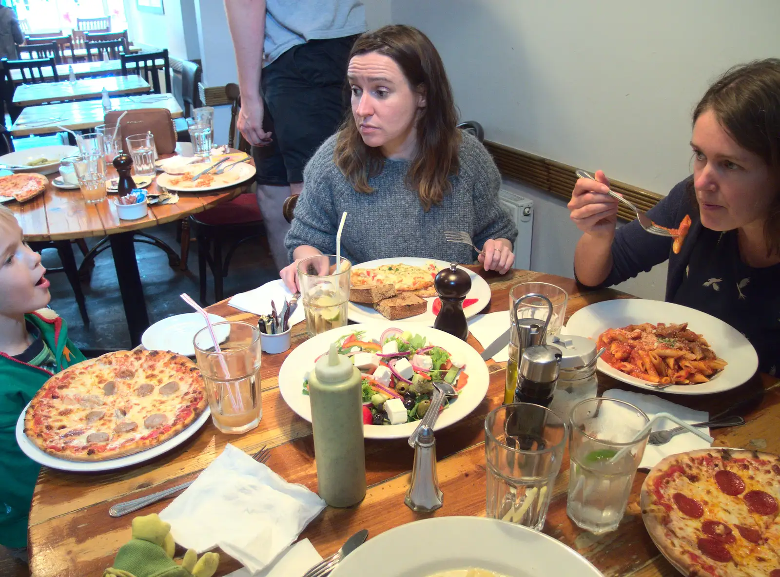 Harry, Caoimhe and Isobel, plus a pile of food, from Caoimhe the Shoe's Desk, Highbury, London - 18th June 2016