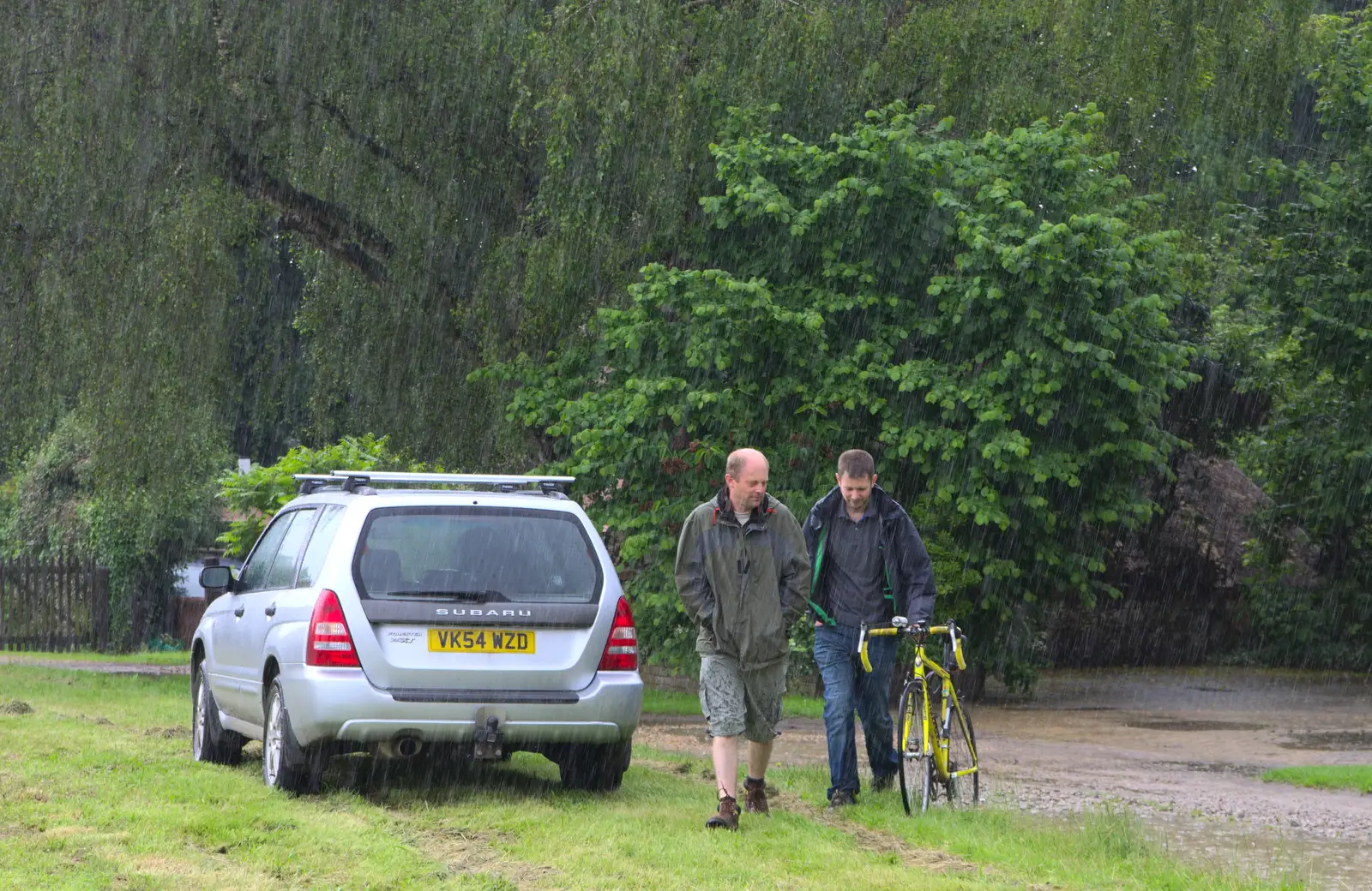 Paul and The Boy Phil in the rain, from Thrandeston Pig, Little Green, Thrandeston, Suffolk - 26th June 2016