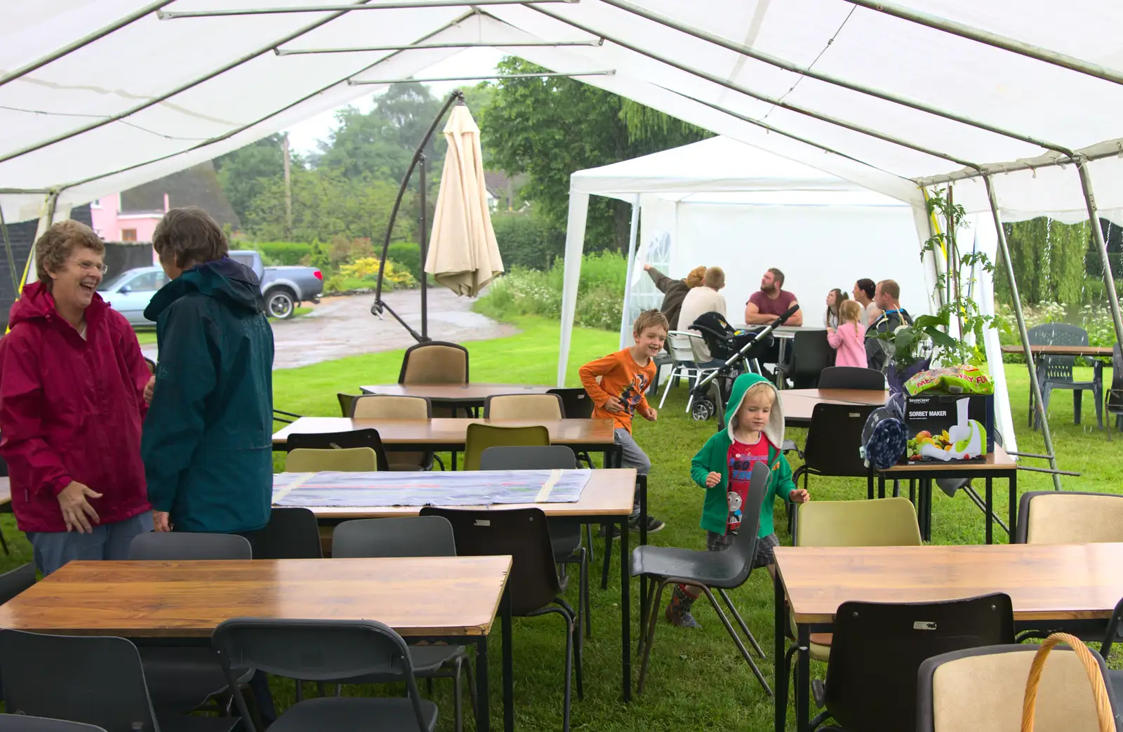 Fred and Harry run around in the marquee, from Thrandeston Pig, Little Green, Thrandeston, Suffolk - 26th June 2016