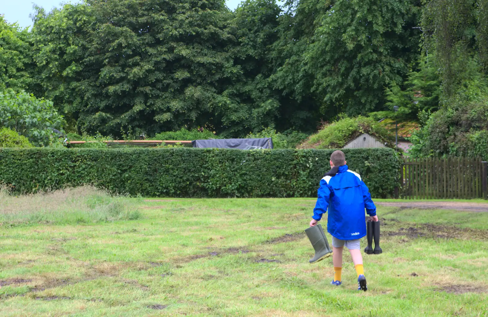 Matthew wanders off with welly boots, from Thrandeston Pig, Little Green, Thrandeston, Suffolk - 26th June 2016