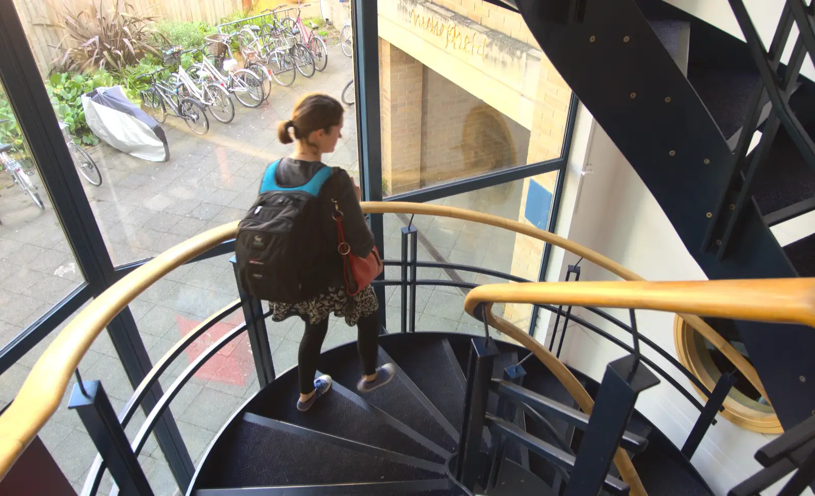 Isobel on the spiral stairs of 'staircase 4', from Back in the 'Bridge: an Anniversary, Cambridge - 3rd July 2016