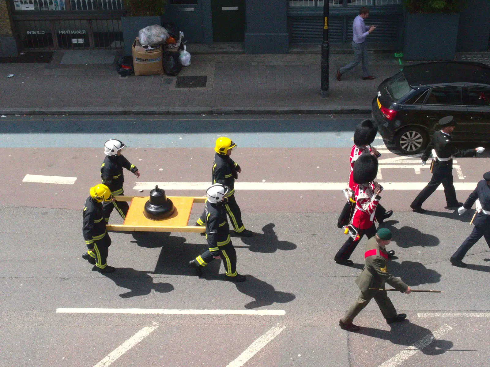 The firemen carry a bell, from Harry's Sports Day and a London March, Southwark and Eye, Suffolk - 7th July 2016