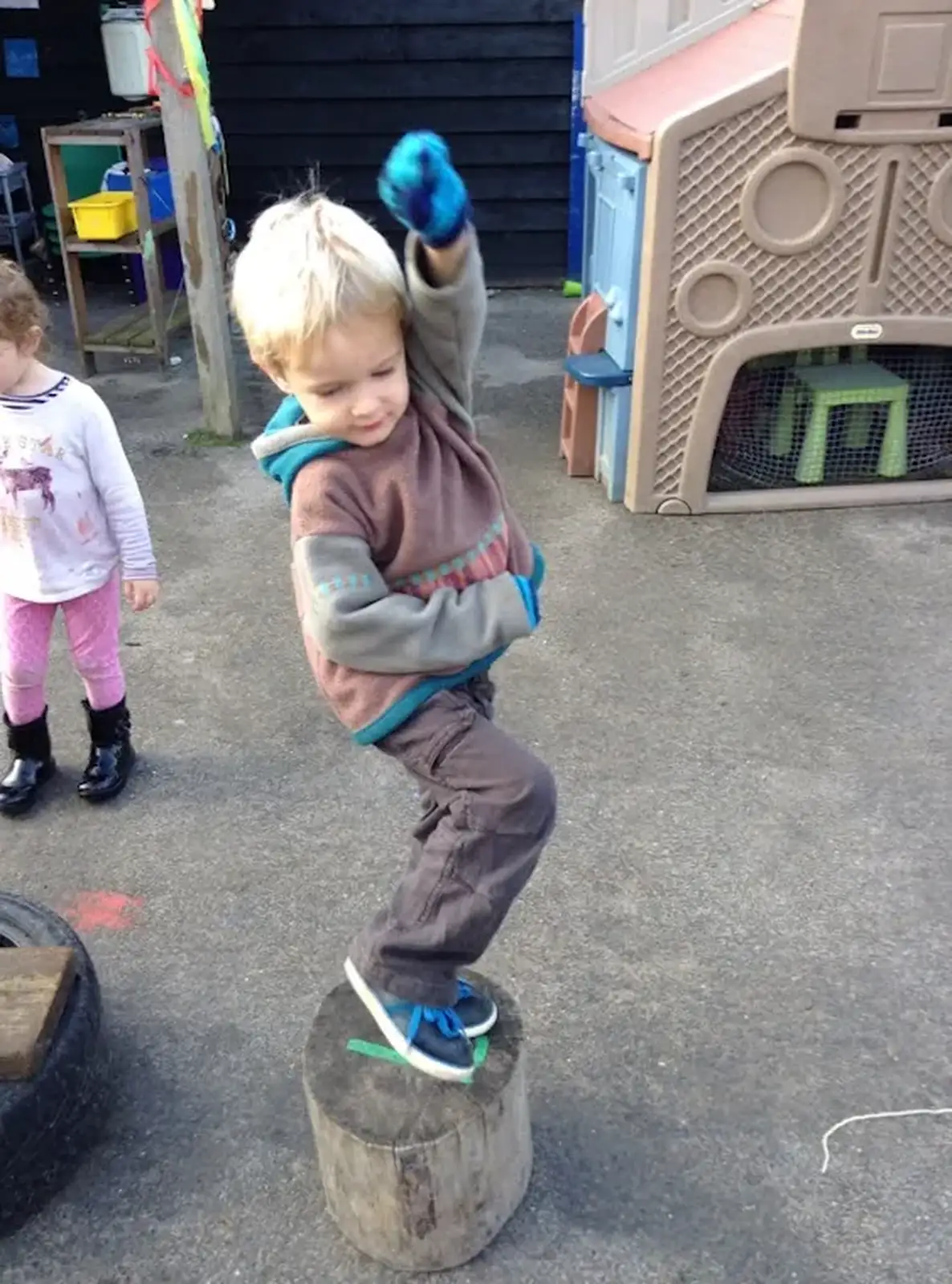 Harry balances on a log, from Harry's Nursery Life, Mulberry Bush, Eye, Suffolk - 8th July 2016