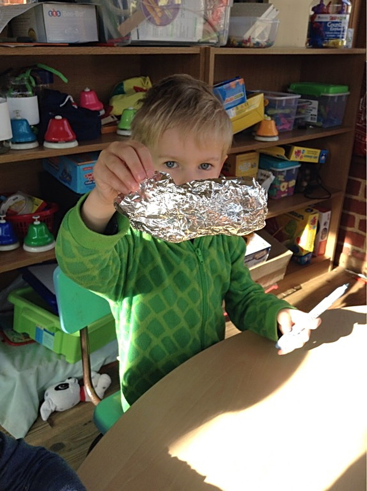 Harry holds up a bit of silver foil from Harry's Nursery Life, Mulberry Bush, Eye, Suffolk - 8th July 2016