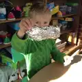 Harry holds up a bit of silver foil, Harry's Nursery Life, Mulberry Bush, Eye, Suffolk - 8th July 2016