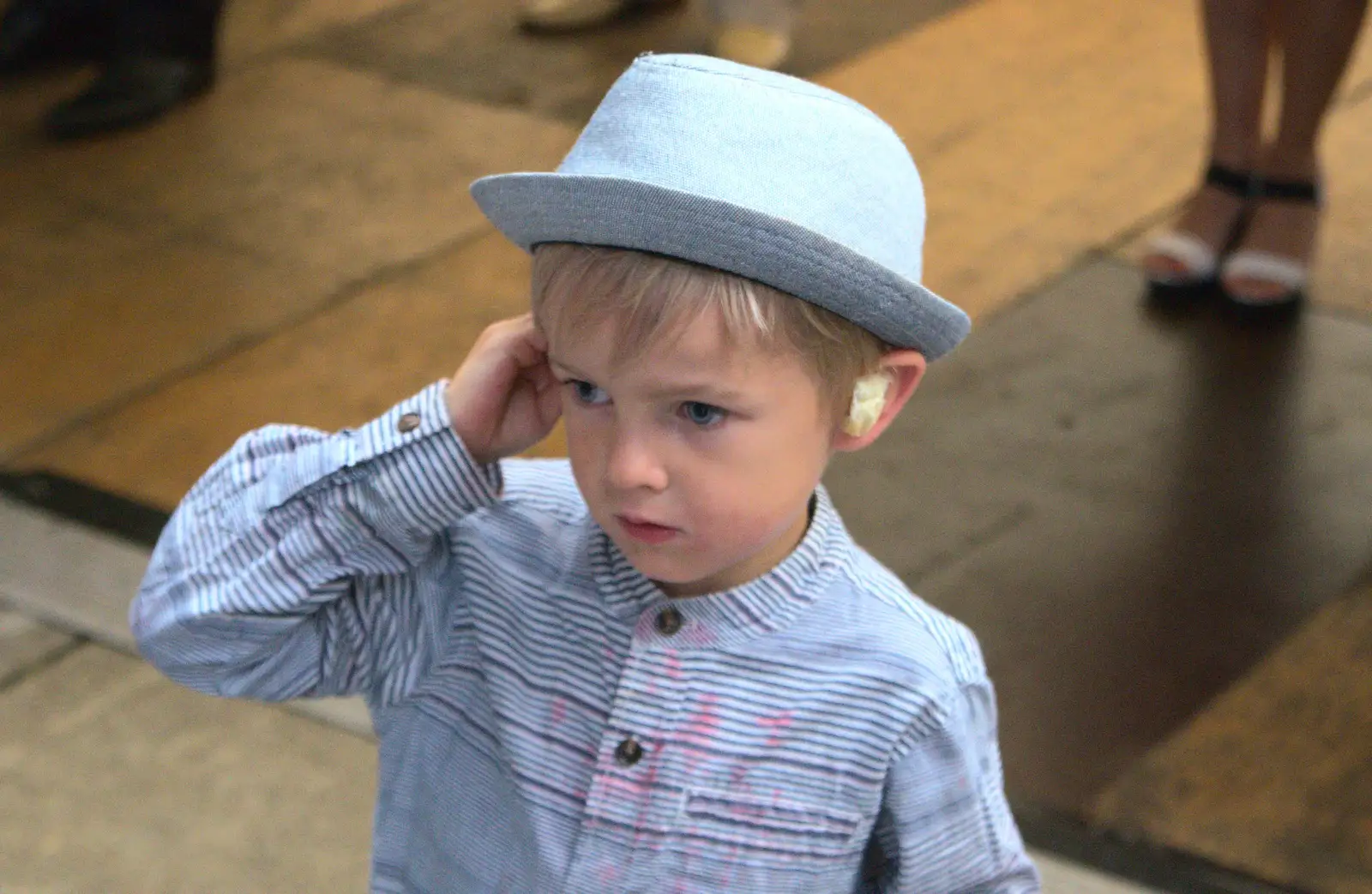 Harry with his improvised ear-plugs, from "Our Little Friends" Warbirds Hangar Dance, Hardwick, Norfolk - 9th July 2016