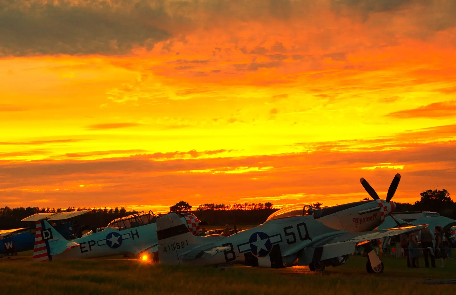 The Harvard and Marinell, and a great sunset, from "Our Little Friends" Warbirds Hangar Dance, Hardwick, Norfolk - 9th July 2016