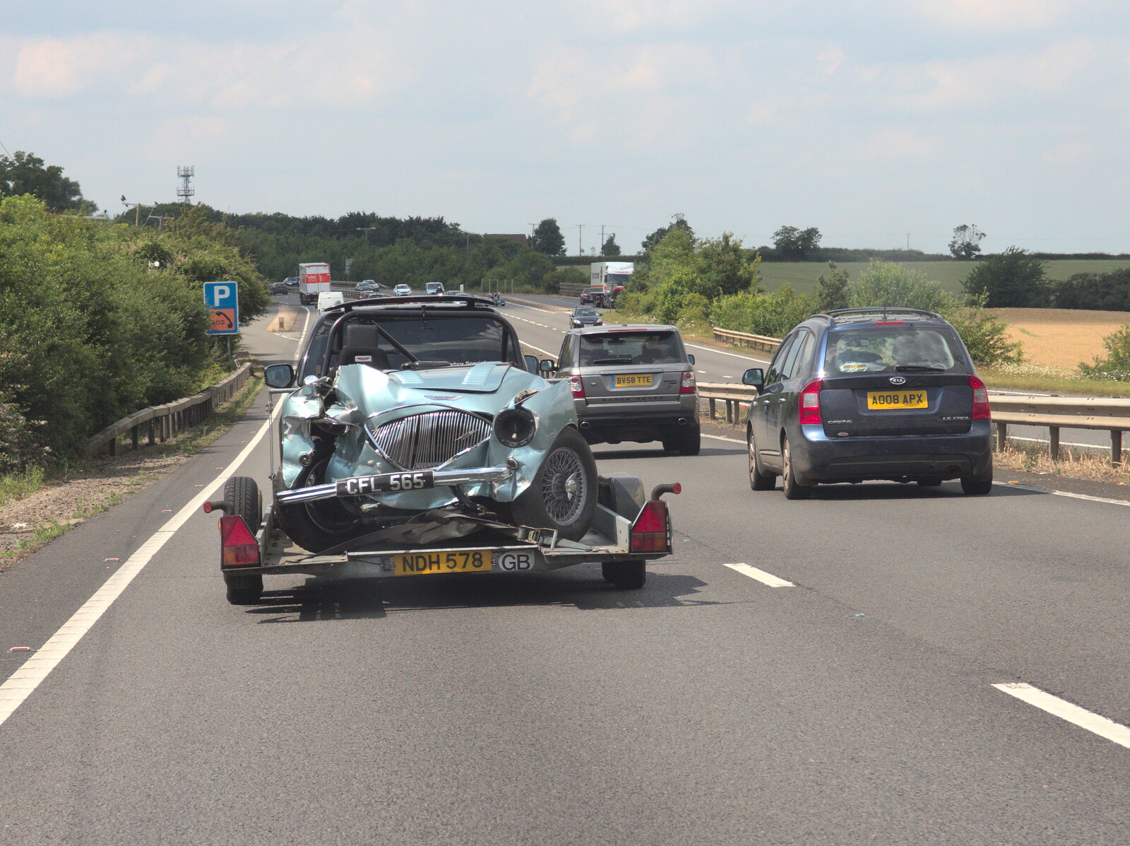 On the A14, there's the tragic sight of a crashed Morgan from The BBs' Last Tango in Tewkesbury, Middle Stanley, Gloucestershire - 23rd July 2016