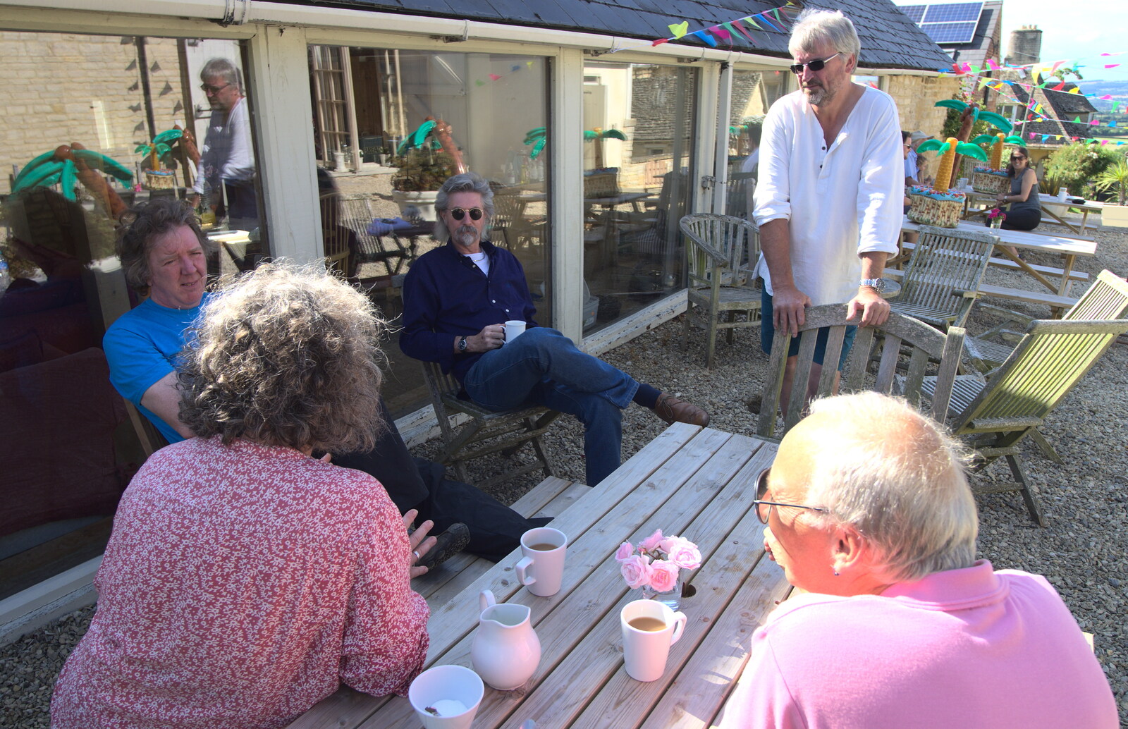 The band and Martin have a coffee from The BBs' Last Tango in Tewkesbury, Middle Stanley, Gloucestershire - 23rd July 2016