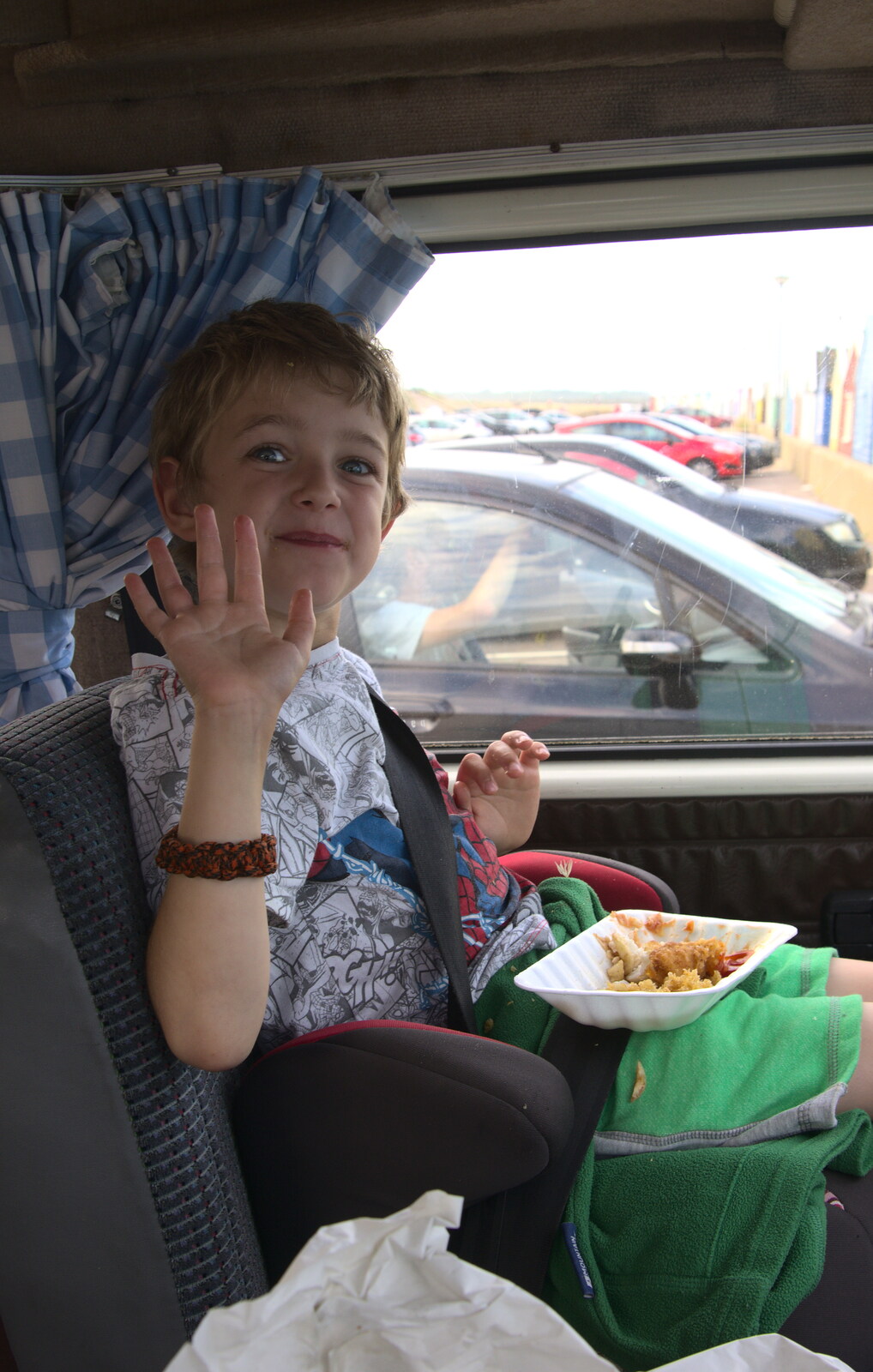 Fred eats fish and chips in the camper van from A Short Trip to Southwold, Suffolk - 24th July 2016