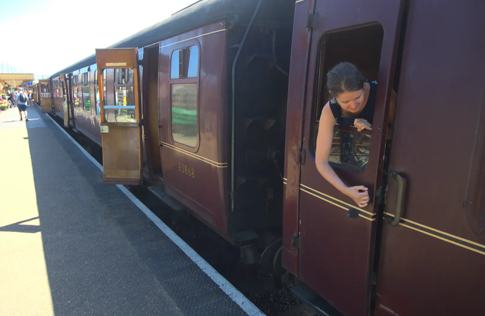 Isobel opens the door, from Sheringham Steam, Sheringham, North Norfolk - 31st July 2016