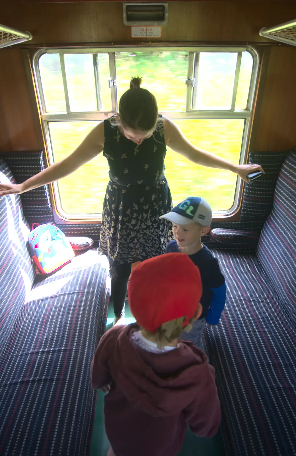 Isobel and the boys in a cubicle carriage, from Sheringham Steam, Sheringham, North Norfolk - 31st July 2016