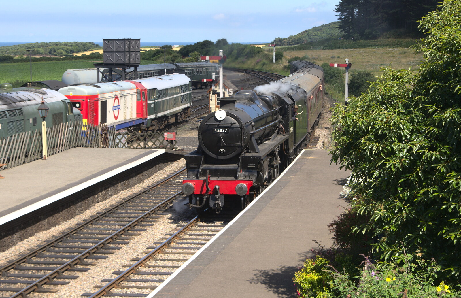 Black 5 loco 45337 comes into Weybourne from Sheringham Steam, Sheringham, North Norfolk - 31st July 2016