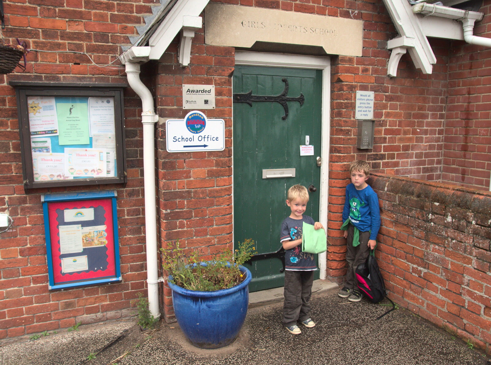 Harry and Fred outside Mendham Primary School from Camping With Sean, Ashburton, Devon - 8th August 2016