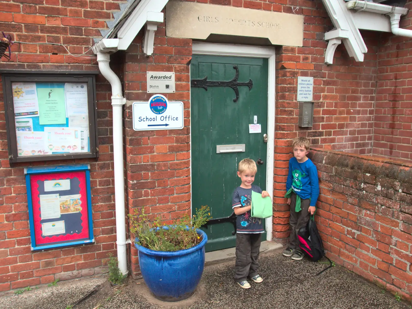 Harry and Fred outside Mendham Primary School, from Camping With Sean, Ashburton, Devon - 8th August 2016