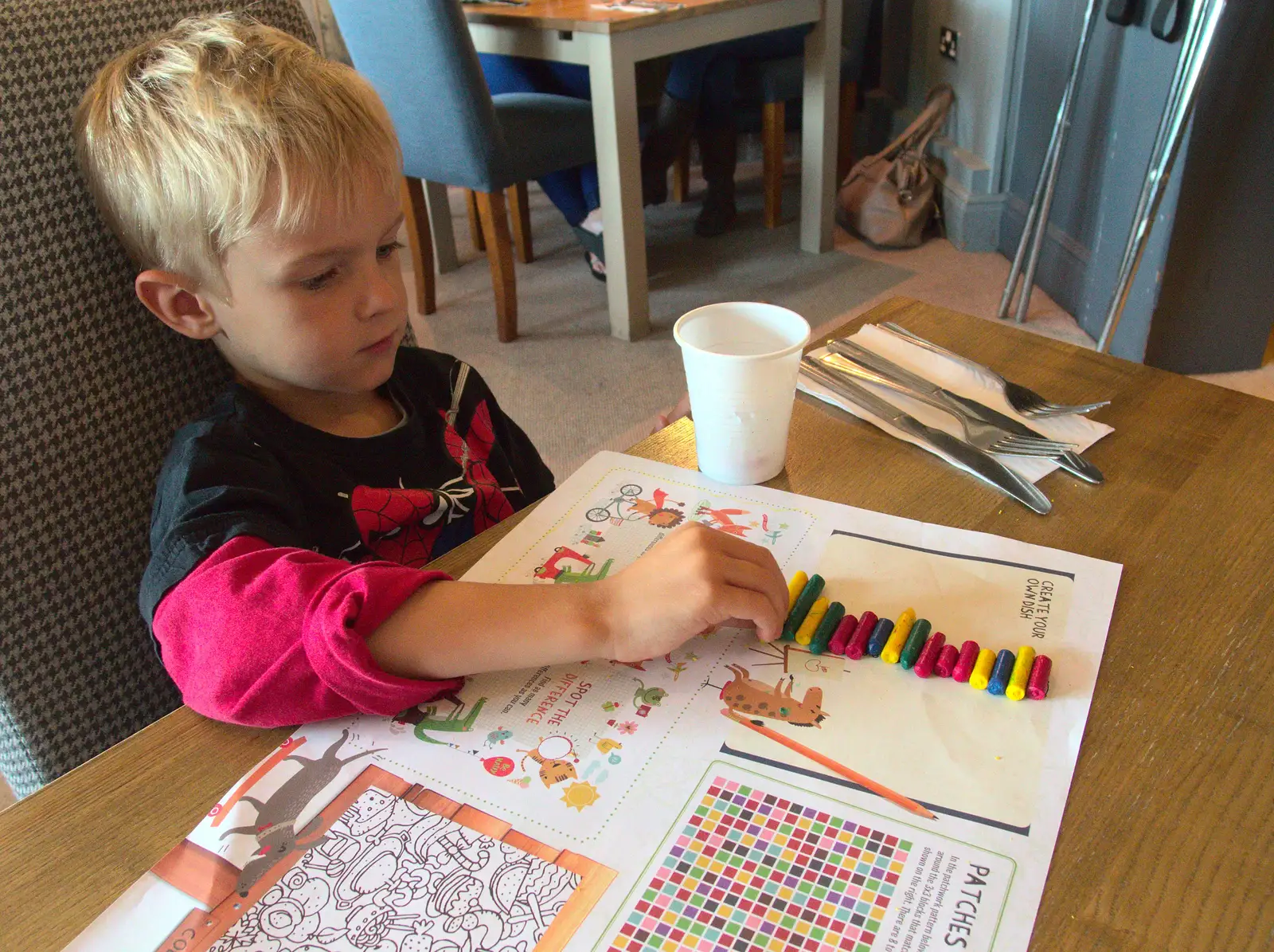 Harry racks up his crayons, from Camping With Sean, Ashburton, Devon - 8th August 2016