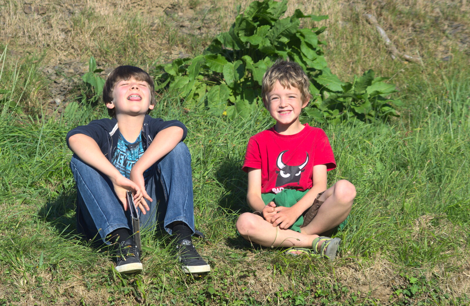 Rowan and Fred sit on a hill from Camping With Sean, Ashburton, Devon - 8th August 2016