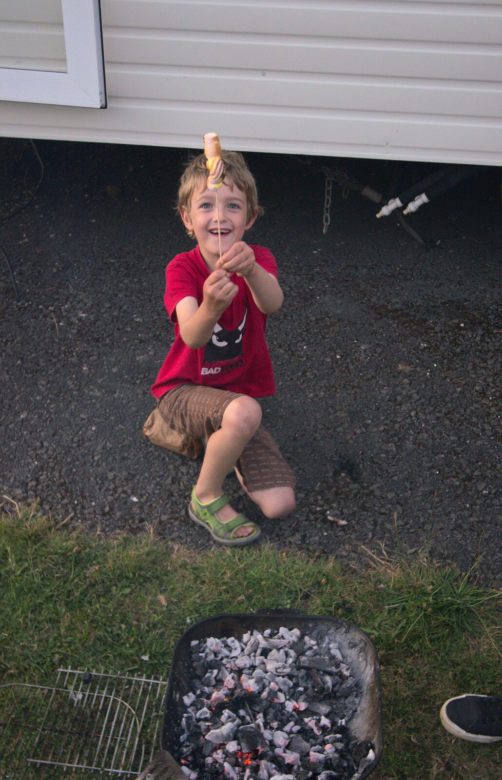 Fred and his singed marshmallows on a stick from Camping With Sean, Ashburton, Devon - 8th August 2016