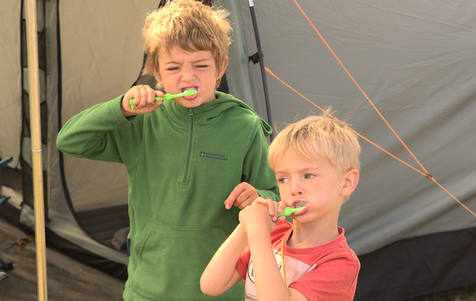 The boys angrily brush their teeth from Camping With Sean, Ashburton, Devon - 8th August 2016