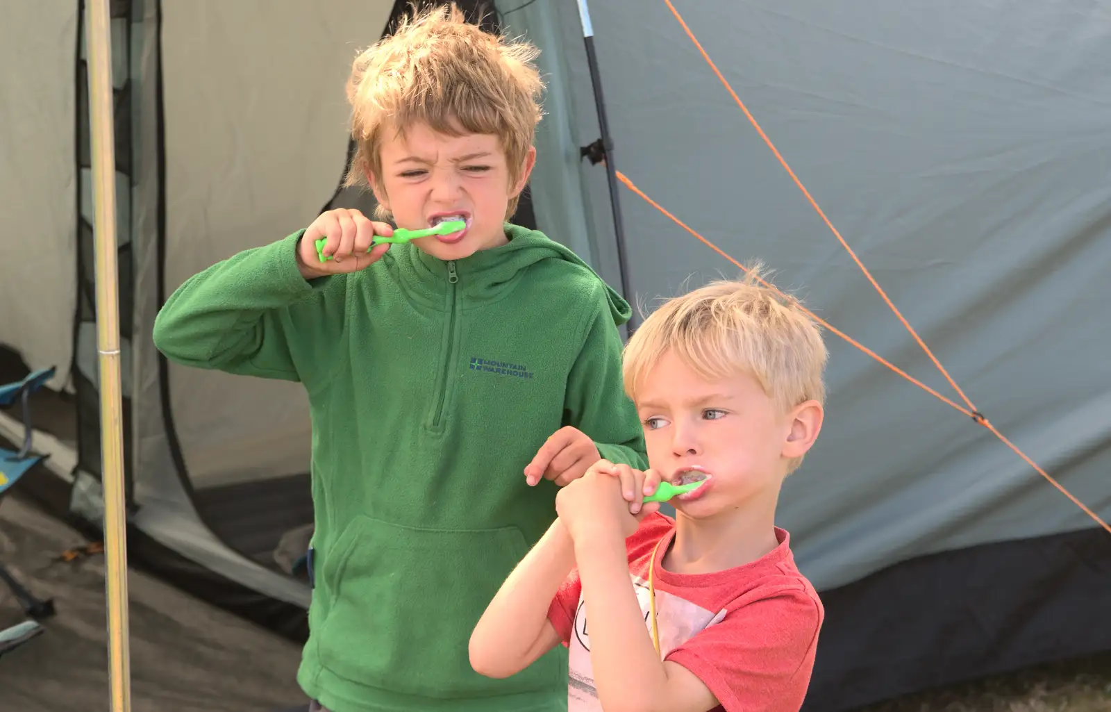 The boys angrily brush their teeth, from Camping With Sean, Ashburton, Devon - 8th August 2016