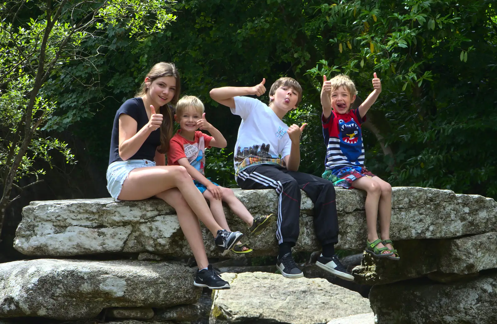 The children pose on the bridge , from Badger's Holt and Bronze-Age Grimspound, Dartmoor, Devon - 10th August 2016