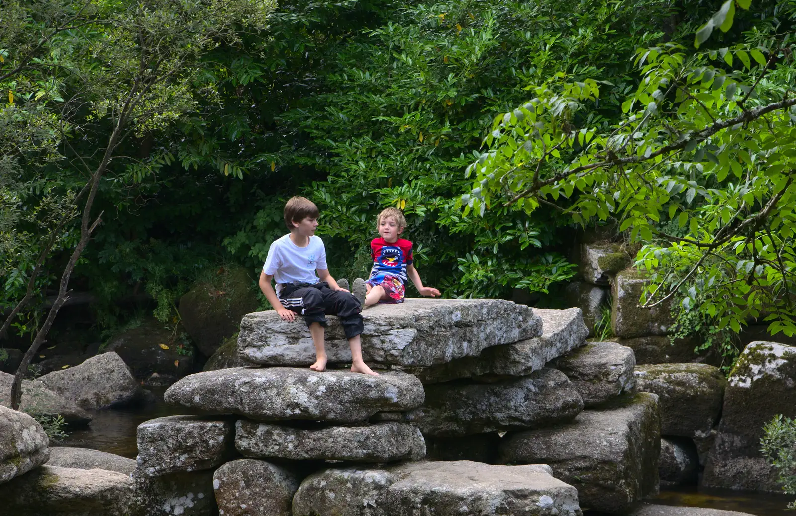 Rowan and Fred on the rocks, from Badger's Holt and Bronze-Age Grimspound, Dartmoor, Devon - 10th August 2016