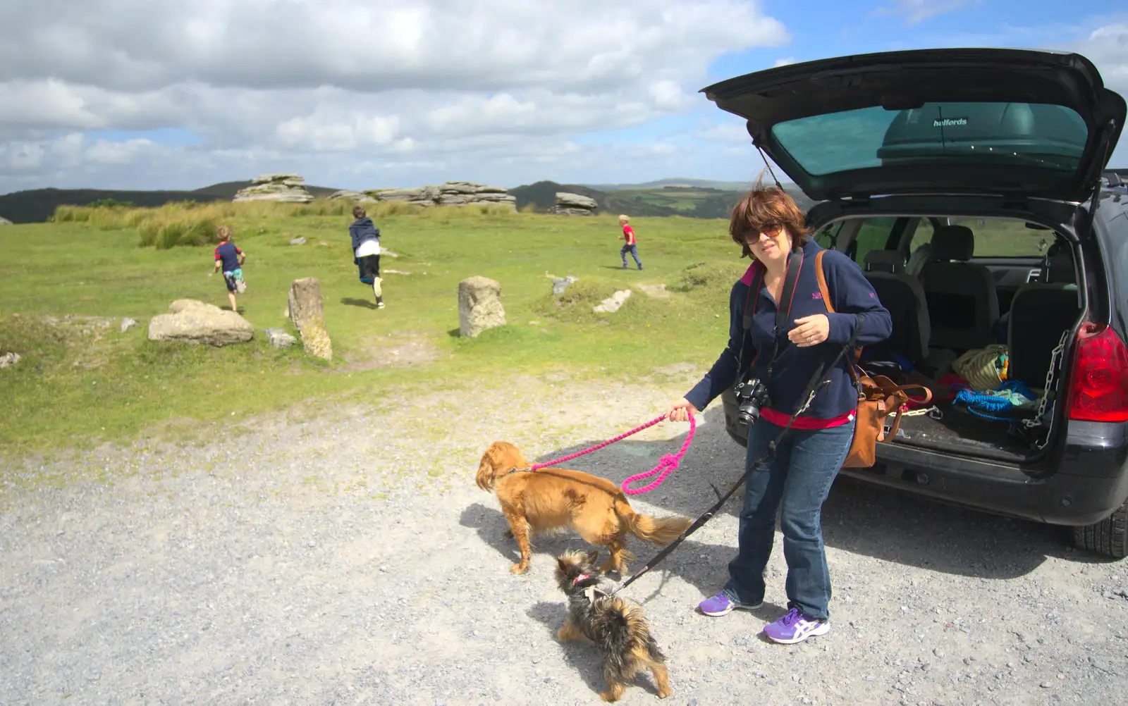 Michelle gets the dogs out, from Badger's Holt and Bronze-Age Grimspound, Dartmoor, Devon - 10th August 2016