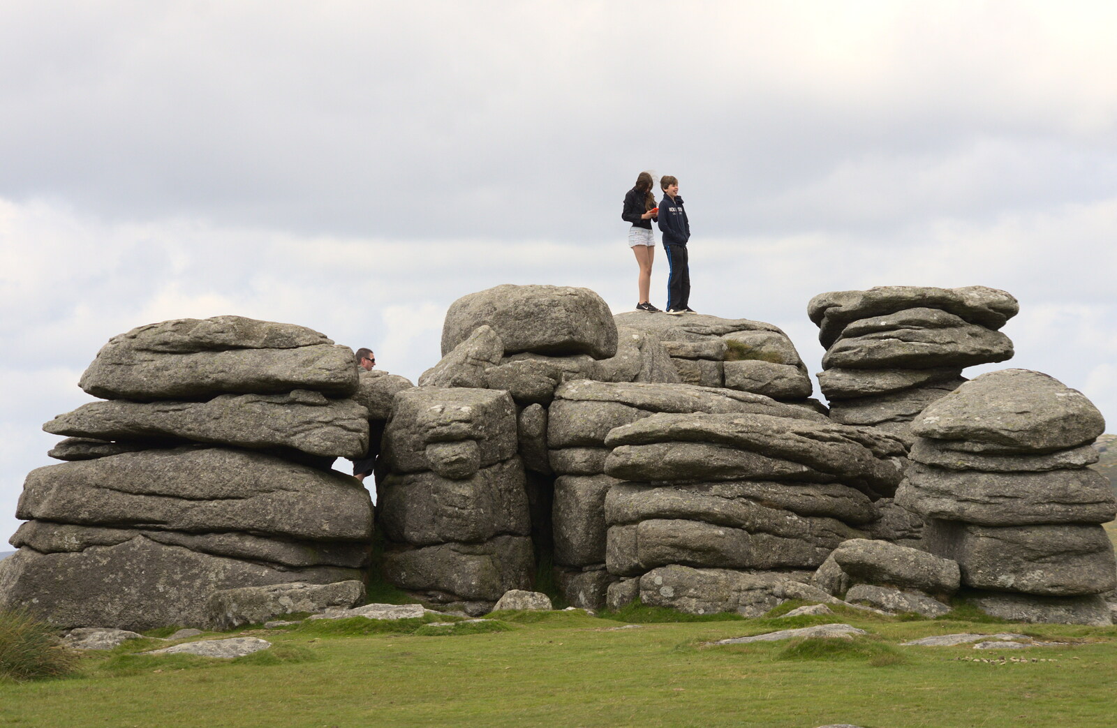 Sydney and Rowan on top of Combestone Tor from Badger's Holt and Bronze-Age Grimspound, Dartmoor, Devon - 10th August 2016