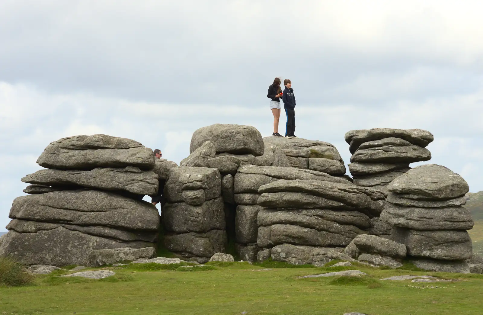 Sydney and Rowan on top of Combestone Tor, from Badger's Holt and Bronze-Age Grimspound, Dartmoor, Devon - 10th August 2016