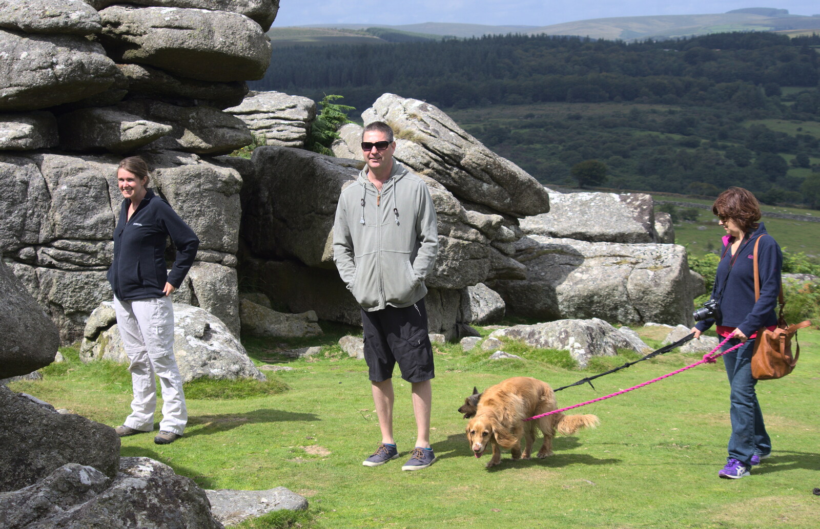 Isobel, Sean and Michelle on Combestone Tor from Badger's Holt and Bronze-Age Grimspound, Dartmoor, Devon - 10th August 2016