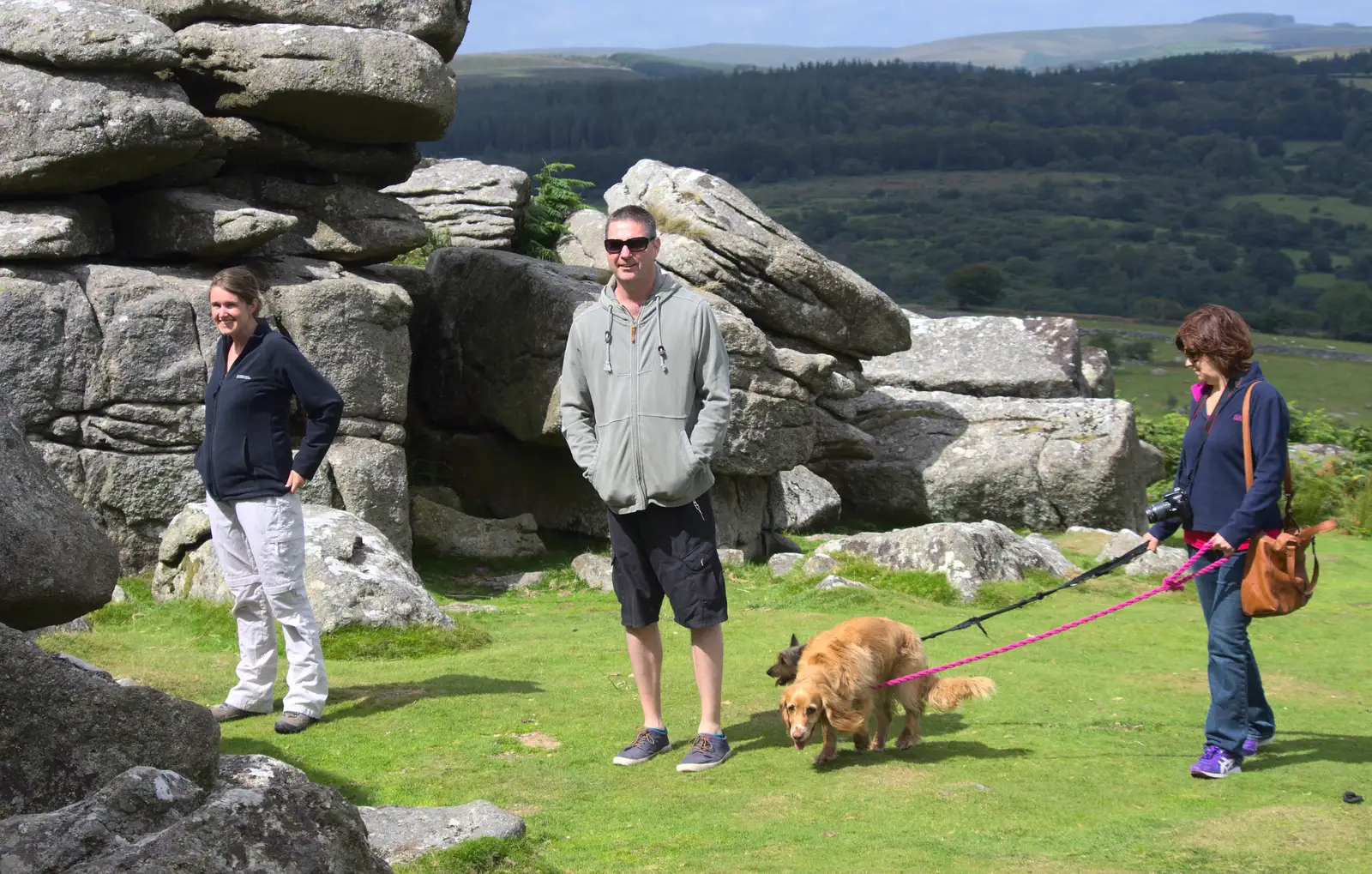 Isobel, Sean and Michelle on Combestone Tor, from Badger's Holt and Bronze-Age Grimspound, Dartmoor, Devon - 10th August 2016