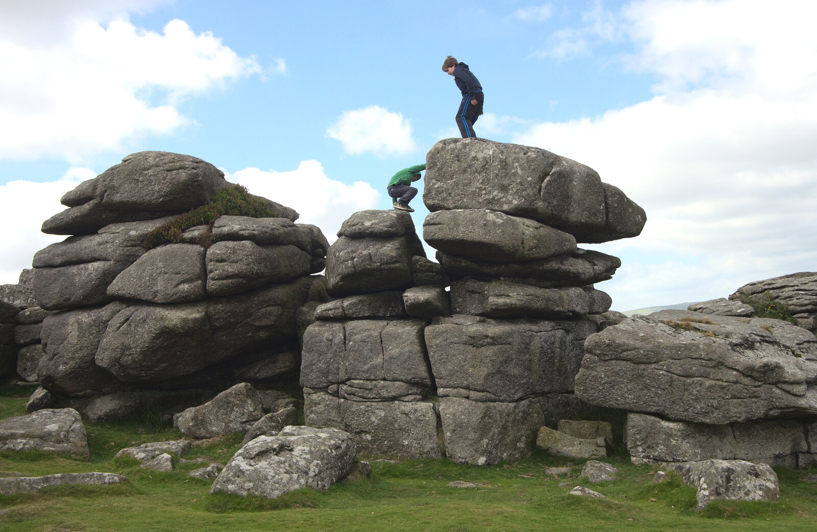 Fred and Rowan on top of the tor from Badger's Holt and Bronze-Age Grimspound, Dartmoor, Devon - 10th August 2016