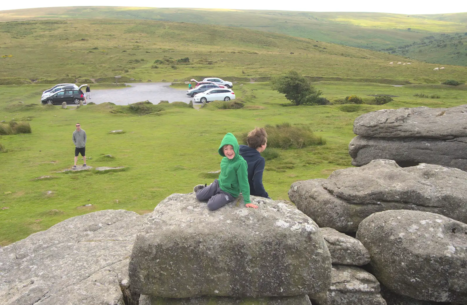 Fred sits down on the rocks, from Badger's Holt and Bronze-Age Grimspound, Dartmoor, Devon - 10th August 2016