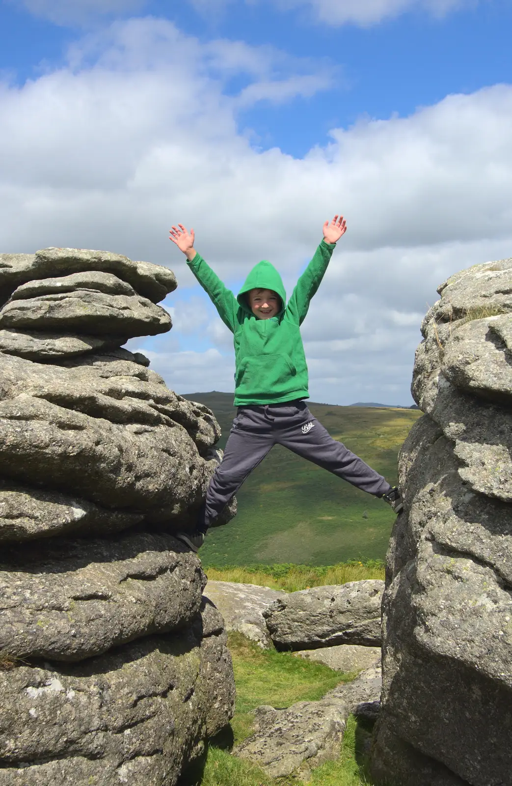 Fred does a great pose between the rocks, from Badger's Holt and Bronze-Age Grimspound, Dartmoor, Devon - 10th August 2016