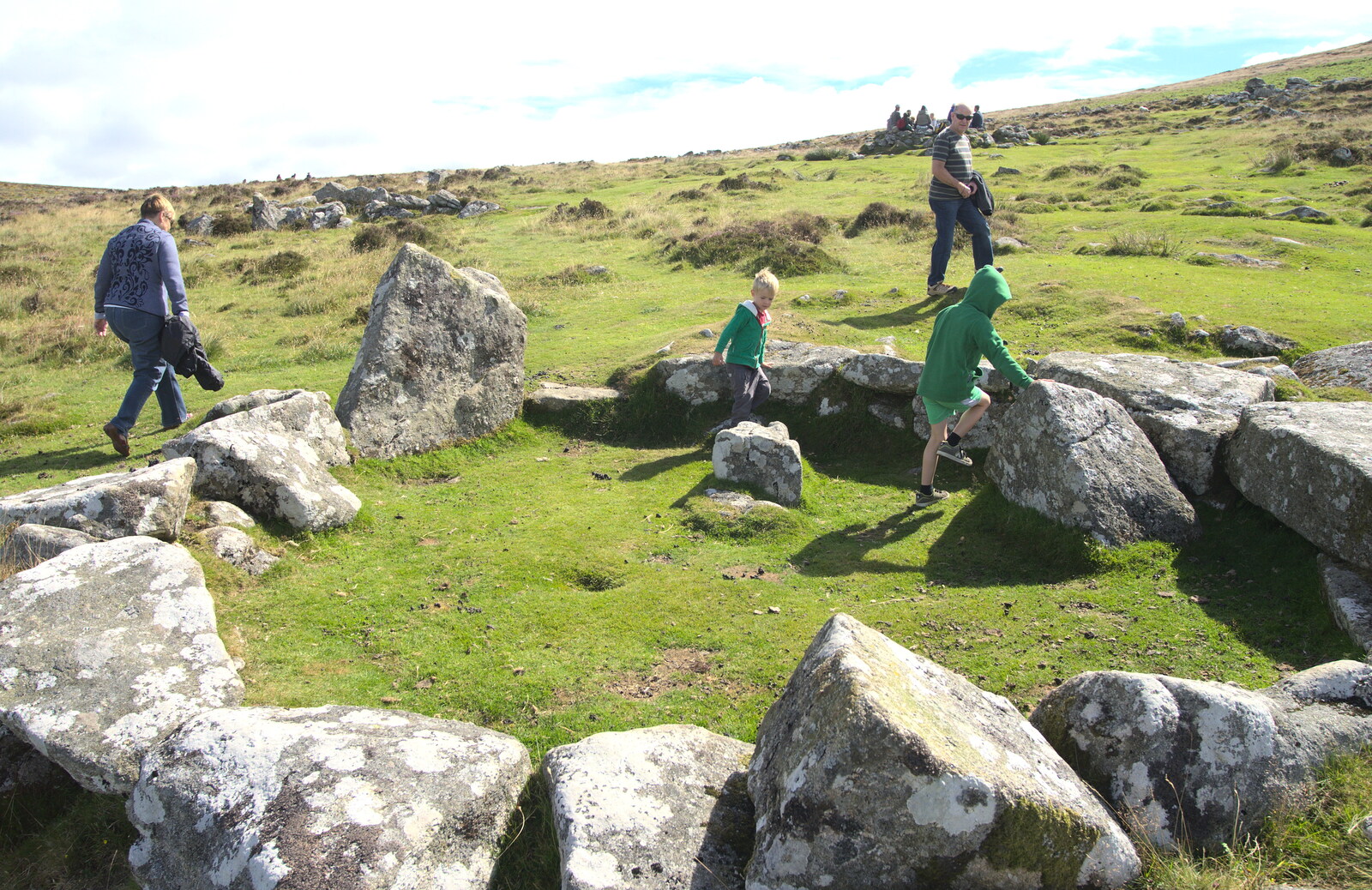 The boys in the remains of a Bronze-age dwelling from Badger's Holt and Bronze-Age Grimspound, Dartmoor, Devon - 10th August 2016