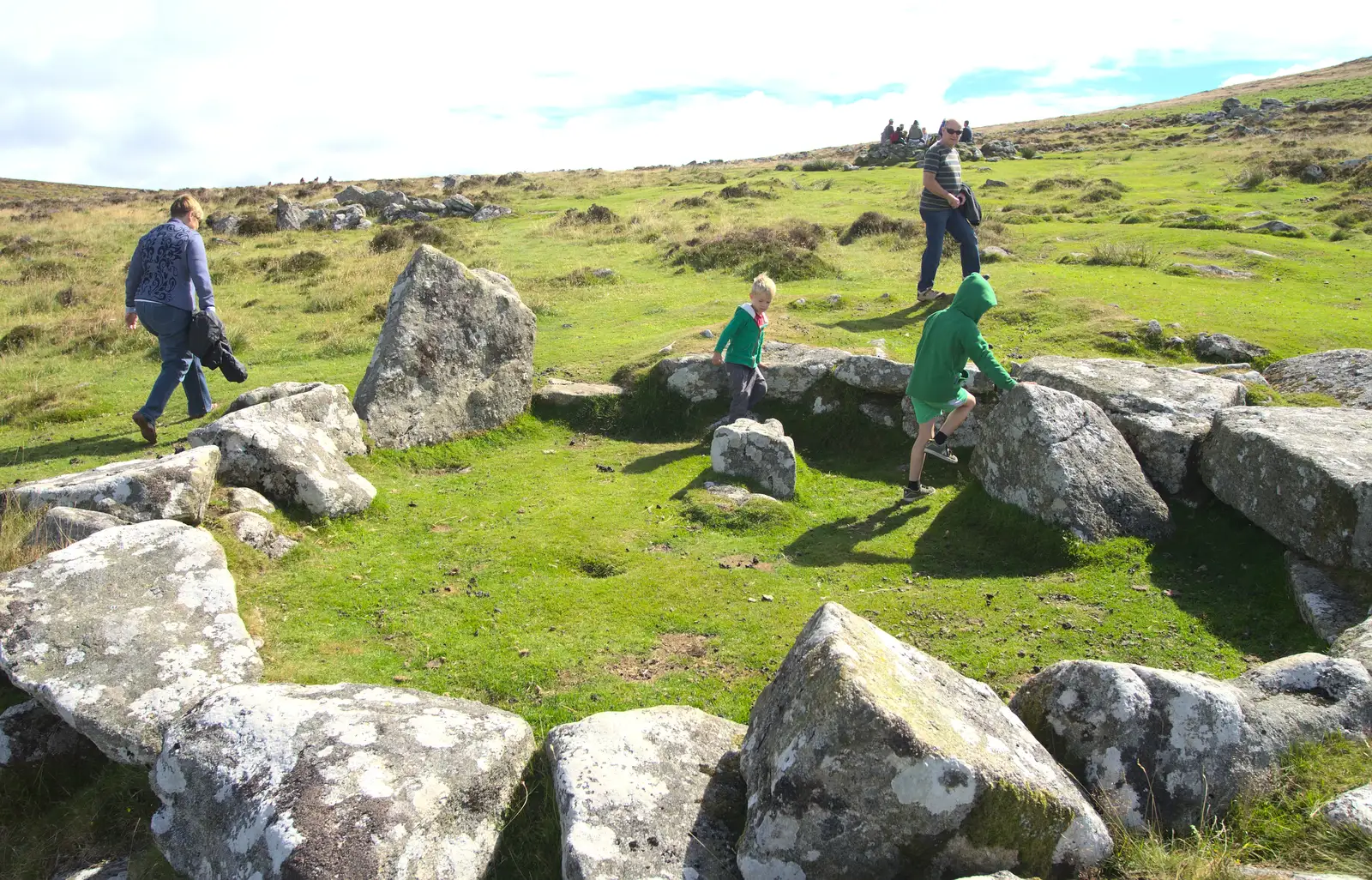 The boys in the remains of a Bronze-age dwelling, from Badger's Holt and Bronze-Age Grimspound, Dartmoor, Devon - 10th August 2016