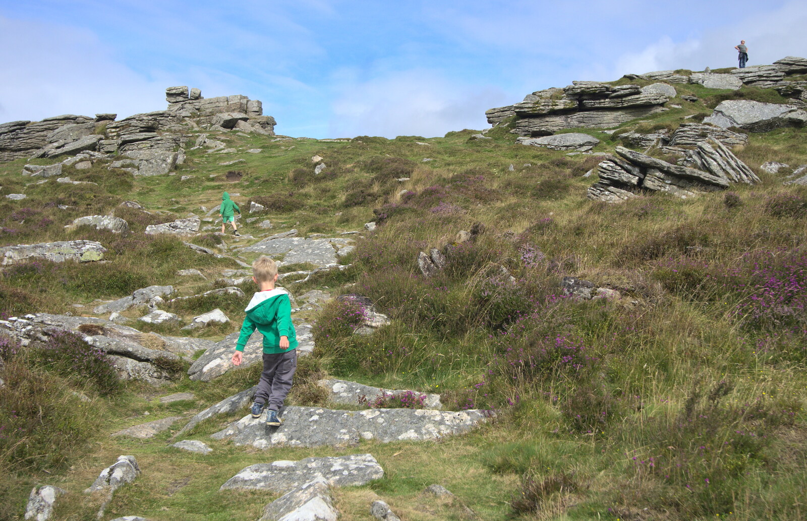 Harry runs up the tor from Badger's Holt and Bronze-Age Grimspound, Dartmoor, Devon - 10th August 2016