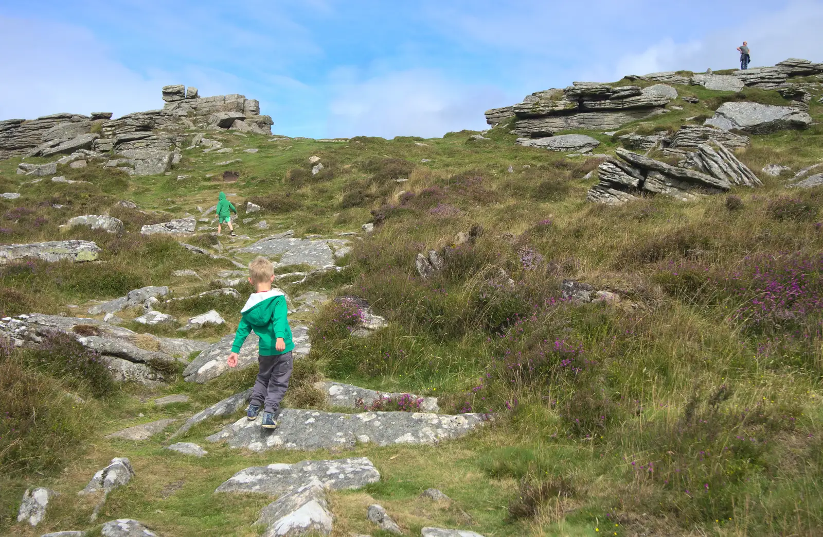 Harry runs up the tor, from Badger's Holt and Bronze-Age Grimspound, Dartmoor, Devon - 10th August 2016