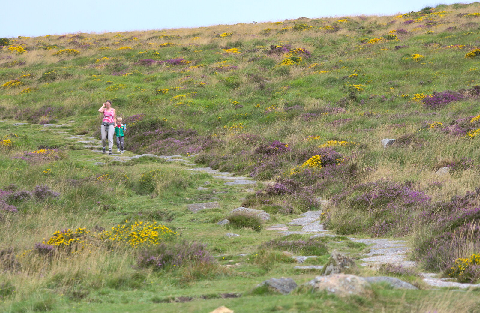 Isobel and Harry walk back down from Badger's Holt and Bronze-Age Grimspound, Dartmoor, Devon - 10th August 2016