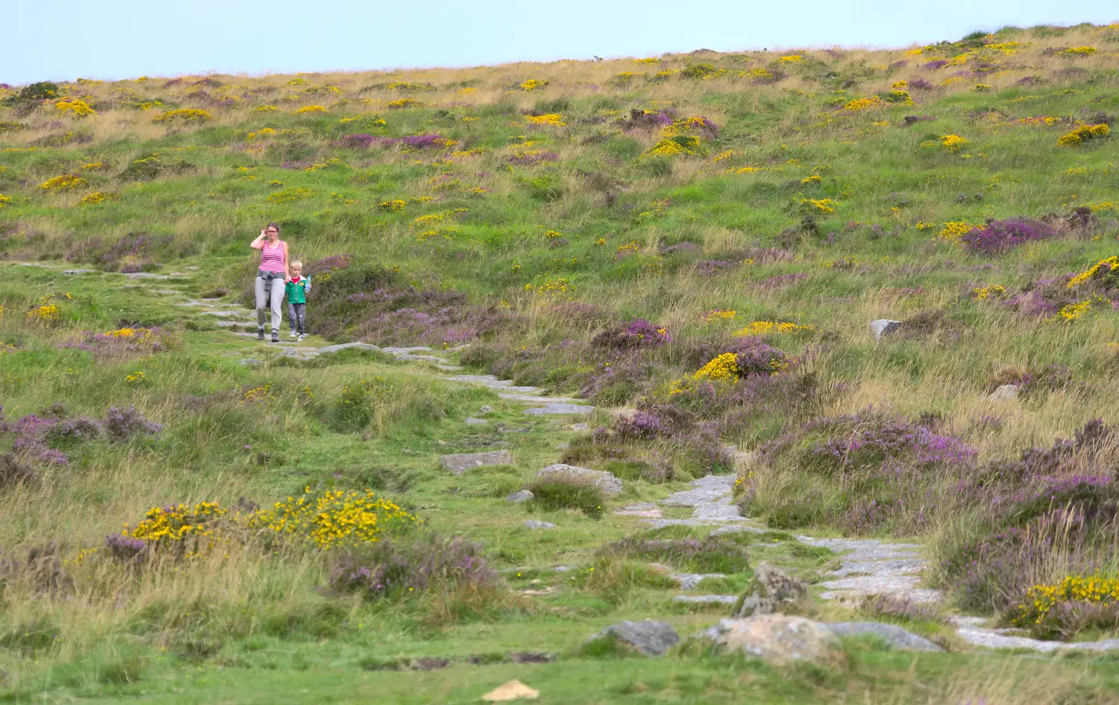 Isobel and Harry walk back down, from Badger's Holt and Bronze-Age Grimspound, Dartmoor, Devon - 10th August 2016